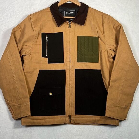 Reason Clothing Tradesman Work Jacket- Block colors- Tan long sleeve- Men Large - Picture 2 of 9